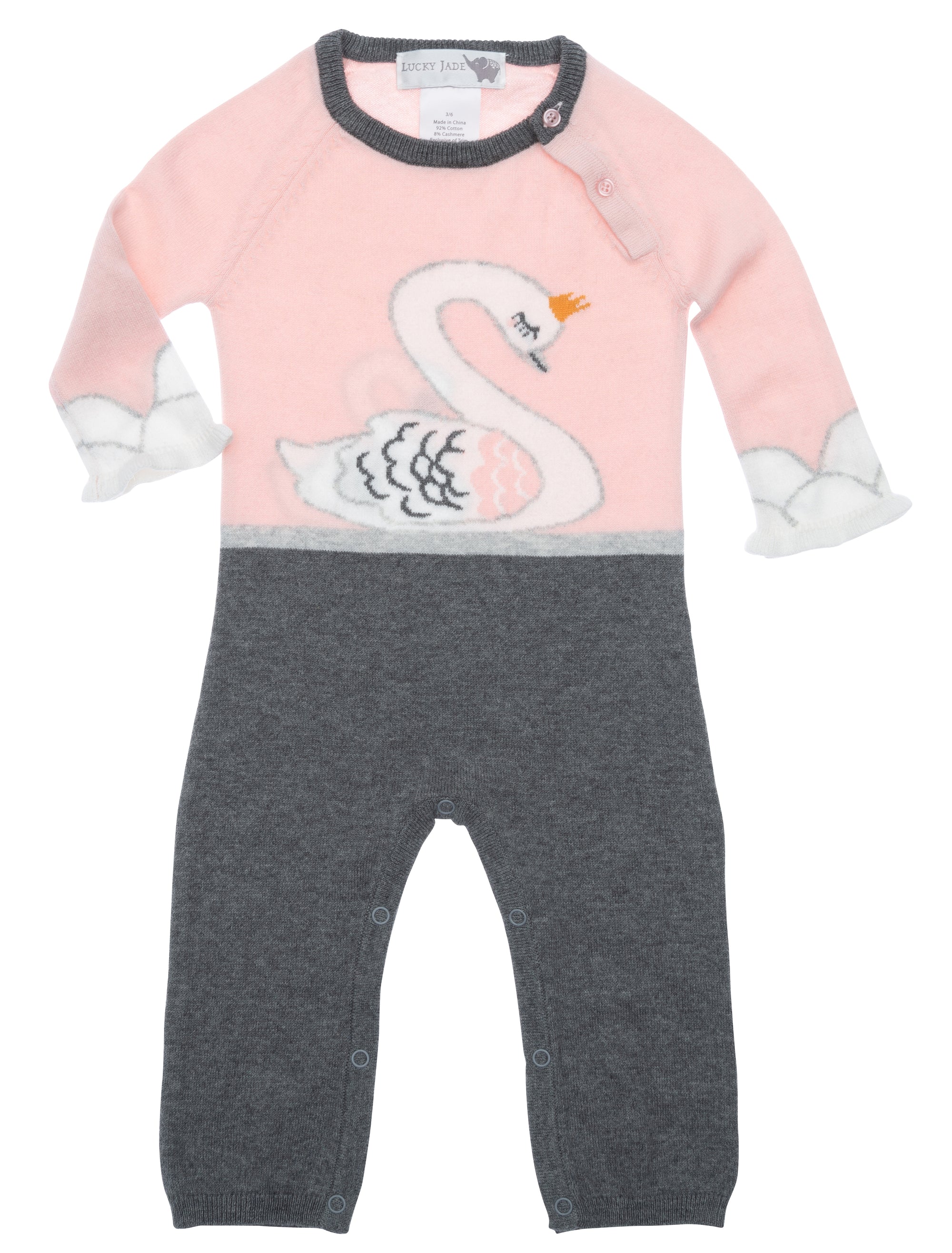 Lucky Jade Kids clothing feature a baby girl coverall with a white swan on the front with  gray pants. swan onesie little girl swan outfit baby girl outfits #luckyjadekids #kidsclothingboutique #babyoutifts #kidsclothes #matchingdresses