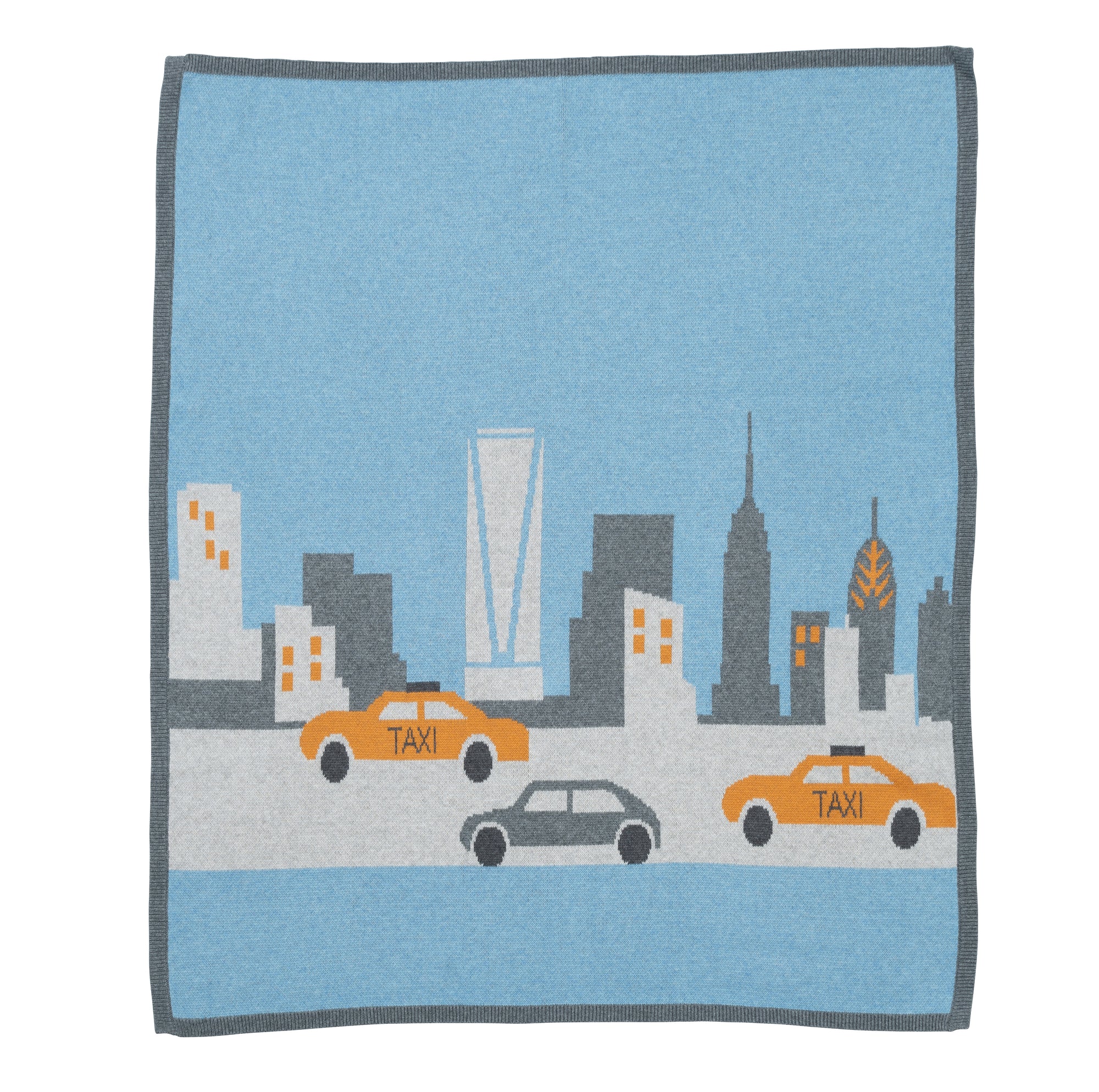 Heather chambray blue blanket featuring iconic yellow taxis and skyline of New York City by Lucky Jade Kids. cotton cozy blanket featuring NYC taxi blanket #luckyjadekids #kidsclothingboutique #babyoutifts #kidsclothes #matchingdresses